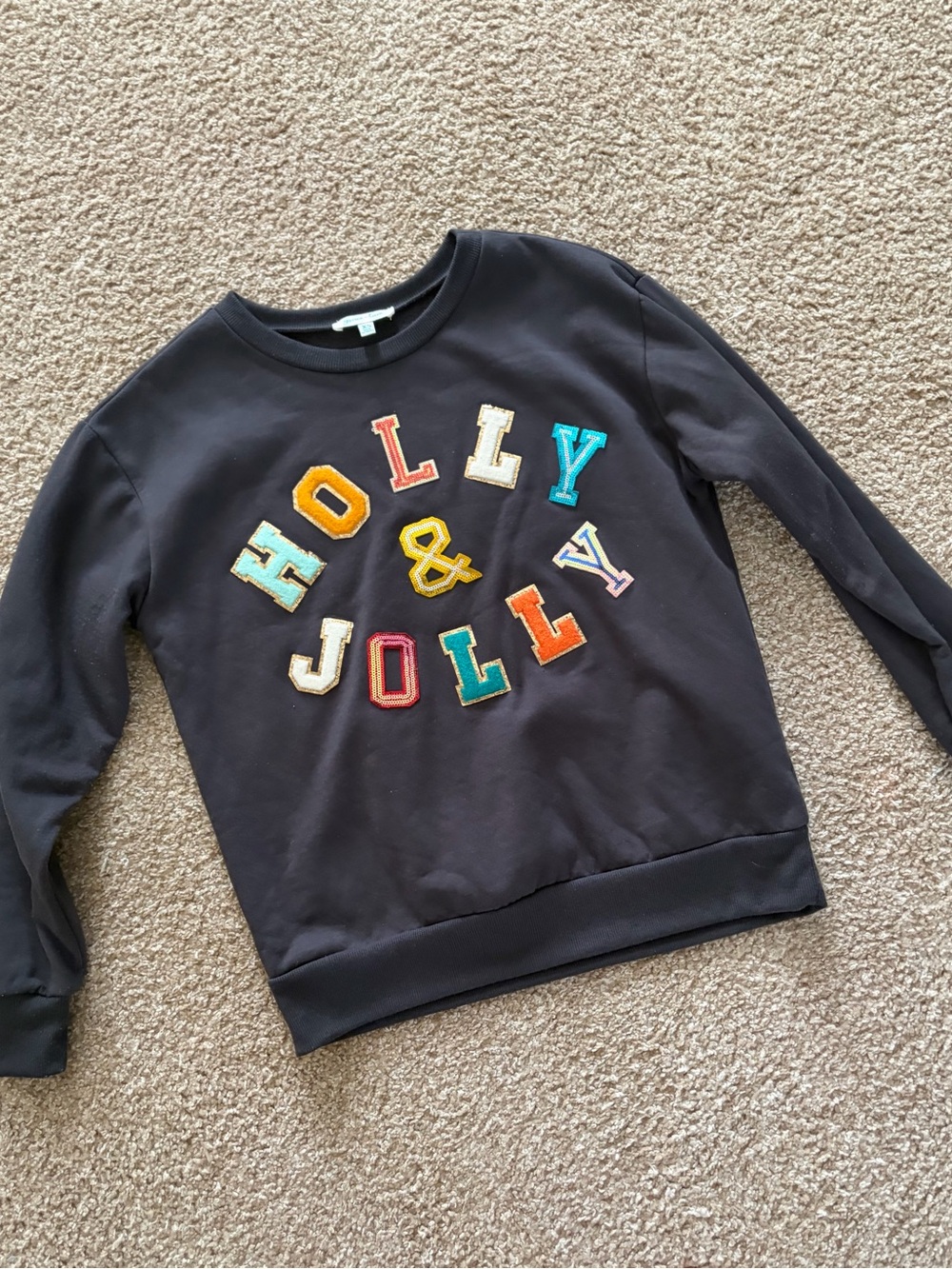 Grace & Lace Black Sweatshirt with Multicolor 'Holly & Jolly' Appliqué